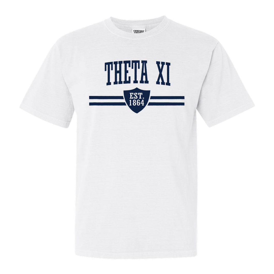 Theta Xi Striped Shield Comfort Colors T-Shirt - Fraternity Tee - Kite and Crest