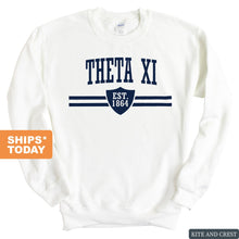 Load image into Gallery viewer, Theta Xi Striped Shield Sweatshirt - Fraternity Crewneck Sweatshirt - Kite and Crest
