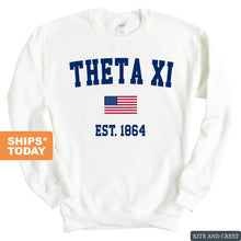 Load image into Gallery viewer, Theta Xi USA Flag Sweatshirt - Fraternity Crewneck Sweatshirt - Kite and Crest
