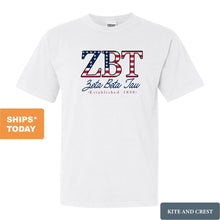 Load image into Gallery viewer, Zeta Beta Tau Comfort Colors T-Shirt - Zeta Beta Tau American Flag Letters Shirt - Kite and Crest
