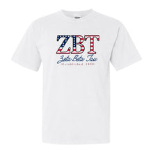 Load image into Gallery viewer, Zeta Beta Tau Comfort Colors T-Shirt - Zeta Beta Tau American Flag Letters Shirt - Kite and Crest
