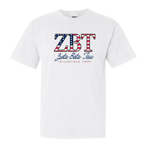 Zeta Beta Tau Comfort Colors T-Shirt - Zeta Beta Tau American Flag Letters Shirt - Kite and Crest