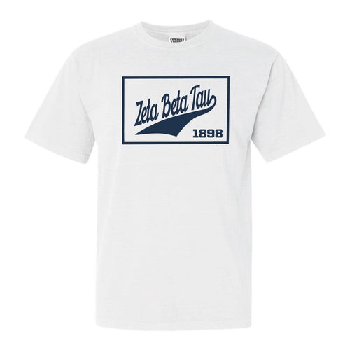 Zeta Beta Tau Comfort Colors T-Shirt - Zeta Beta Tau Baseball Boxed Shirt - Kite and Crest