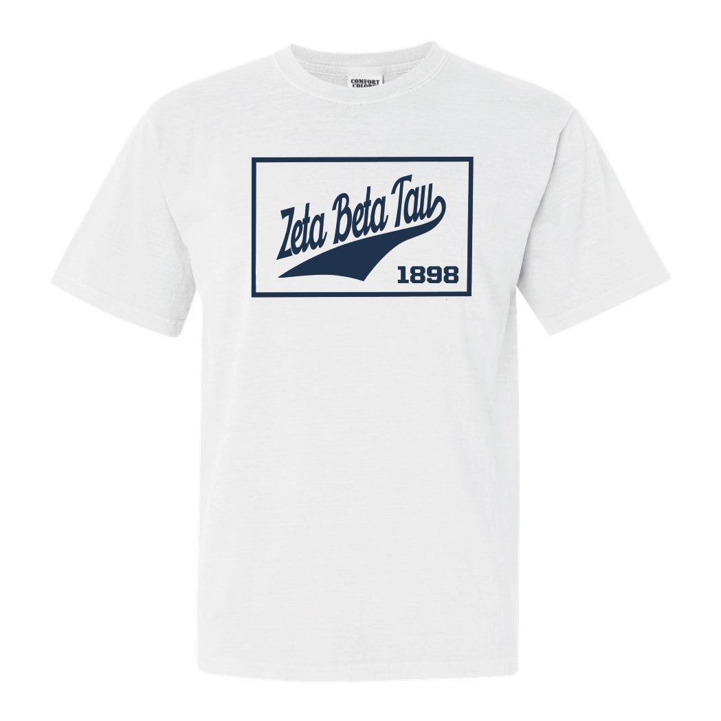 Zeta Beta Tau Comfort Colors T-Shirt - Zeta Beta Tau Baseball Boxed Shirt - Kite and Crest
