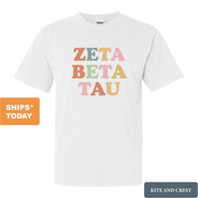 Load image into Gallery viewer, Zeta Beta Tau Comfort Colors T-Shirt - Zeta Beta Tau Bright and Colorful Shirt - Kite and Crest
