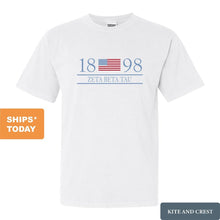 Load image into Gallery viewer, Zeta Beta Tau Comfort Colors T-Shirt - Zeta Beta Tau Flag Year Shirt - Kite and Crest
