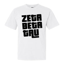 Load image into Gallery viewer, Zeta Beta Tau Comfort Colors T-Shirt - Zeta Beta Tau Stacked Letters Shirt - Kite and Crest
