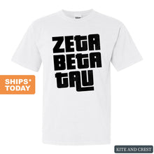 Load image into Gallery viewer, Zeta Beta Tau Comfort Colors T-Shirt - Zeta Beta Tau Stacked Letters Shirt - Kite and Crest

