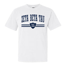 Load image into Gallery viewer, Zeta Beta Tau Comfort Colors T-Shirt - Zeta Beta Tau Striped Shield Shirt - Kite and Crest
