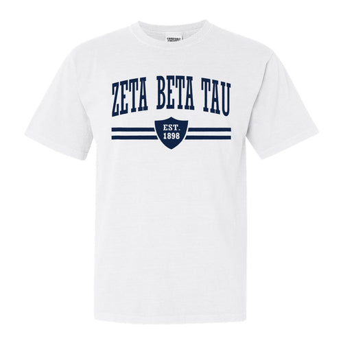 Zeta Beta Tau Comfort Colors T-Shirt - Zeta Beta Tau Striped Shield Shirt - Kite and Crest