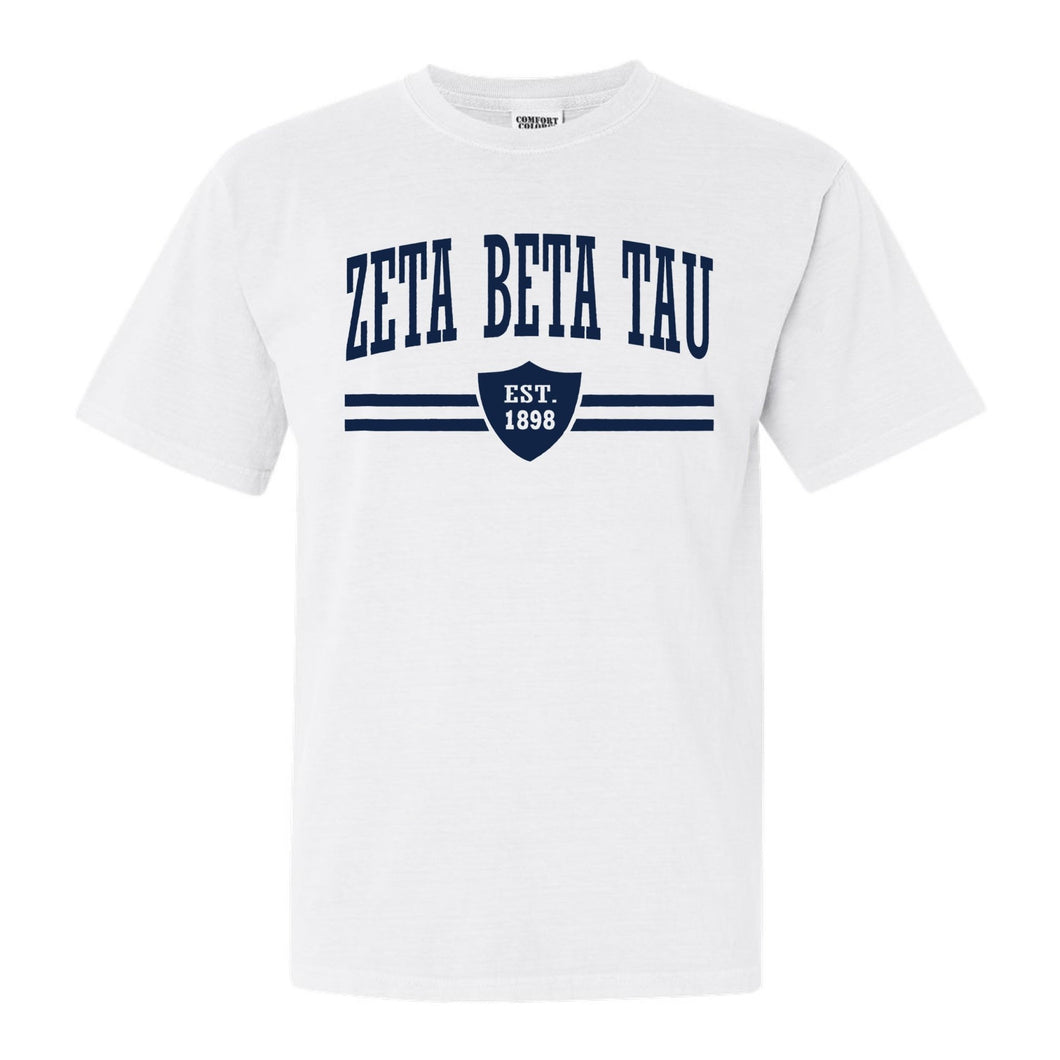 Zeta Beta Tau Comfort Colors T-Shirt - Zeta Beta Tau Striped Shield Shirt - Kite and Crest