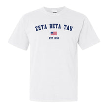 Load image into Gallery viewer, Zeta Beta Tau Comfort Colors T-Shirt - Zeta Beta Tau USA Flag Shirt - Kite and Crest
