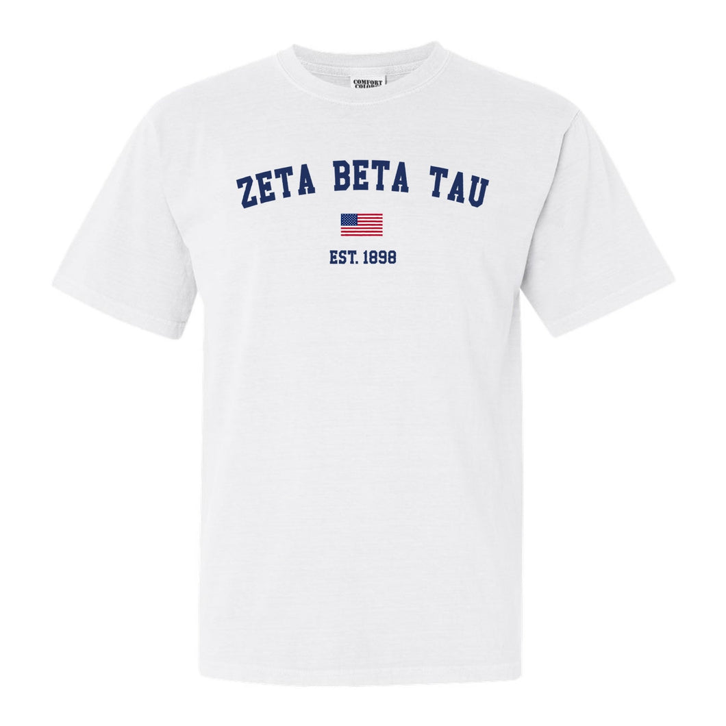 Zeta Beta Tau Comfort Colors T-Shirt - Zeta Beta Tau USA Flag Shirt - Kite and Crest