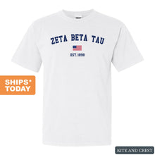 Load image into Gallery viewer, Zeta Beta Tau Comfort Colors T-Shirt - Zeta Beta Tau USA Flag Shirt - Kite and Crest
