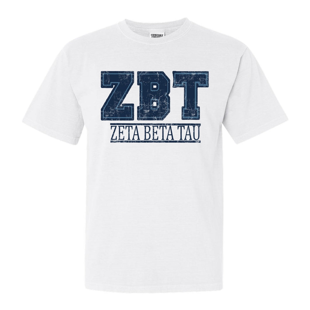 Zeta Beta Tau Comfort Colors T-Shirt - Zeta Beta Tau Washed Letters Shirt - Kite and Crest