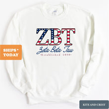 Load image into Gallery viewer, Zeta Beta Tau Sweatshirt - Zeta Beta Tau American Flag Letters Crewneck Sweatshirt - Kite and Crest
