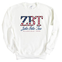 Load image into Gallery viewer, Zeta Beta Tau Sweatshirt - Zeta Beta Tau American Flag Letters Crewneck Sweatshirt - Kite and Crest
