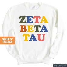 Load image into Gallery viewer, Zeta Beta Tau Sweatshirt - Zeta Beta Tau Retro Letters Crewneck Sweatshirt - Kite and Crest
