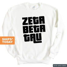 Load image into Gallery viewer, Zeta Beta Tau Sweatshirt - Zeta Beta Tau Stacked Letters Crewneck Sweatshirt - Kite and Crest
