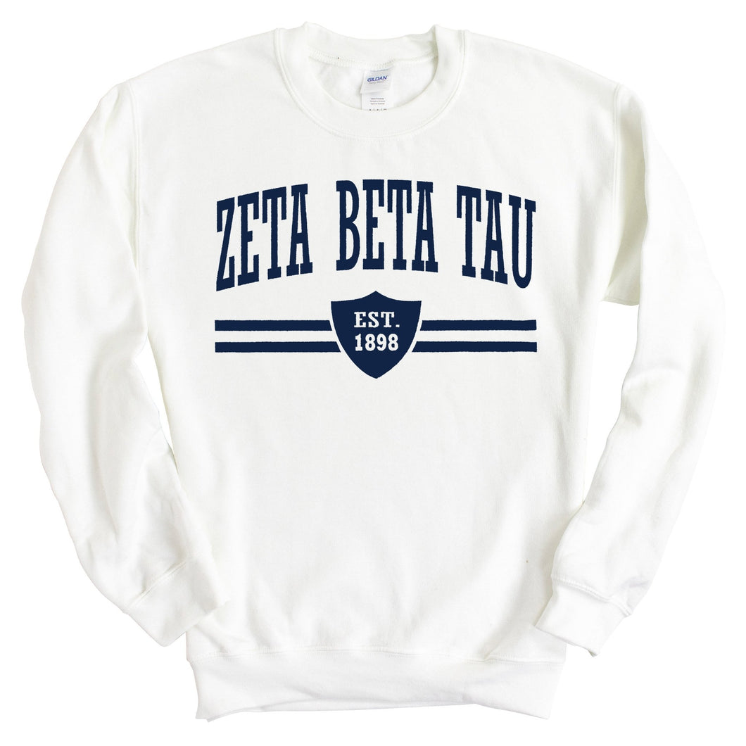 Zeta Beta Tau Sweatshirt - Zeta Beta Tau Striped Shield Crewneck Sweatshirt - Kite and Crest