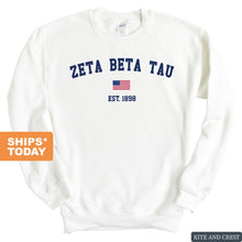 Load image into Gallery viewer, Zeta Beta Tau Sweatshirt - Zeta Beta Tau USA Flag Crewneck Sweatshirt - Kite and Crest
