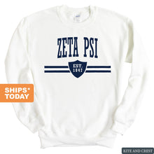 Load image into Gallery viewer, Zeta Psi Sweatshirt - Zete Striped Shield Crewneck Sweatshirt - Kite and Crest
