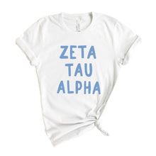 Load image into Gallery viewer, Zeta Tau Alpha Blue Bubble Letter Sorority T-Shirt Tee - Kite and Crest
