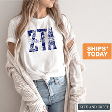 Load image into Gallery viewer, Zeta Tau Alpha Blue Floral Sorority T-Shirt Tee - Kite and Crest
