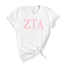 Load image into Gallery viewer, Zeta Tau Alpha Pink Letter Sorority T-Shirt Shirt Tee - Kite and Crest
