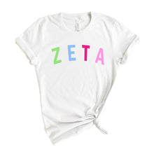 Load image into Gallery viewer, Zeta Tau Alpha Rainbow Letter Sorority T-Shirt Tee - Kite and Crest
