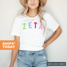 Load image into Gallery viewer, Zeta Tau Alpha Rainbow Letter Sorority T-Shirt Tee - Kite and Crest
