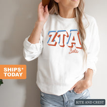 Load image into Gallery viewer, Zeta Tau Alpha Sweatshirt - Zeta (ZTA) American Colored Crewneck Sweatshirt - Kite and Crest
