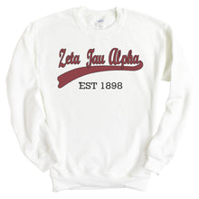 Load image into Gallery viewer, Zeta Tau Alpha Sweatshirt | Zeta (ZTA) Baseball Crewneck Sweatshirt | Zeta Tau Alpha Sorority Gift Idea - Kite and Crest
