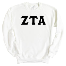 Load image into Gallery viewer, Zeta Tau Alpha Sweatshirt | Zeta (ZTA) Basic Black Letters Crewneck Sweatshirt | Zeta Tau Alpha Sorority Gift Idea - Kite and Crest
