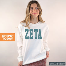 Load image into Gallery viewer, Zeta Tau Alpha Sweatshirt - Zeta (ZTA) Blue Retro Crewneck Sweatshirt - Kite and Crest
