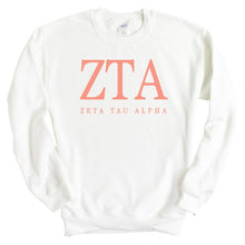 Load image into Gallery viewer, Zeta Tau Alpha Sweatshirt | Zeta (ZTA) Colored Block Letters Crewneck Sweatshirt | Zeta Tau Alpha Sorority Gift Idea - Kite and Crest
