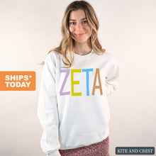 Load image into Gallery viewer, Zeta Tau Alpha Sweatshirt - Zeta (ZTA) Colorful Lined Crewneck Sweatshirt - Kite and Crest
