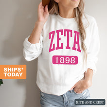 Load image into Gallery viewer, Zeta Tau Alpha Sweatshirt | Zeta (ZTA) Large Established Crewneck Sweatshirt | Zeta Tau Alpha Sorority Gift Idea - Kite and Crest
