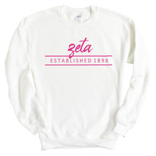 Load image into Gallery viewer, Zeta Tau Alpha Sweatshirt | Zeta (ZTA) Pink Established Crewneck Sweatshirt | Zeta Tau Alpha Sorority Gift Idea - Kite and Crest
