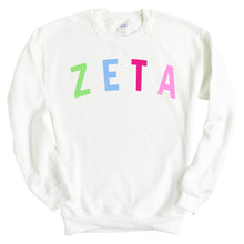 Load image into Gallery viewer, Zeta Tau Alpha Sweatshirt | Zeta (ZTA) Rainbow Letter Crewneck Sweatshirt | Zeta Tau Alpha Sorority Gift Idea - Kite and Crest
