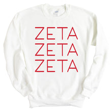 Load image into Gallery viewer, Zeta Tau Alpha Sweatshirt | Zeta (ZTA) Red and Stacked Crewneck Sweatshirt | Zeta Tau Alpha Sorority Gift Idea - Kite and Crest
