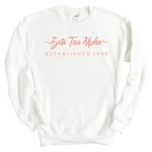 Load image into Gallery viewer, Zeta Tau Alpha Sweatshirt | Zeta (ZTA) White Script Letter Crewneck Sweatshirt | Zeta Tau Alpha Sorority Gift Idea - Kite and Crest
