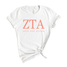 Load image into Gallery viewer, Zeta Tau Alpha T-Shirt | Zeta (ZTA) Colored Block Letters Shirt | Zeta Tau Alpha Sorority Gift Idea - Kite and Crest
