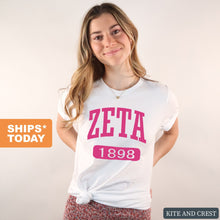 Load image into Gallery viewer, Zeta Tau Alpha T-Shirt | Zeta (ZTA) Large Established Shirt | Zeta Tau Alpha Sorority Gift Idea - Kite and Crest
