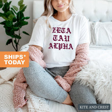 Load image into Gallery viewer, Zeta Tau Alpha T-Shirt | Zeta (ZTA) Old Type Written Shirt | Zeta Tau Alpha Sorority Gift Idea - Kite and Crest
