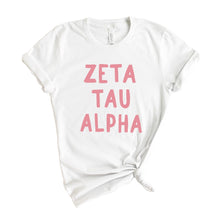 Load image into Gallery viewer, Zeta Tau Alpha T-Shirt | Zeta (ZTA) Pink Bubble Letters Shirt | Zeta Tau Alpha Sorority Gift Idea - Kite and Crest
