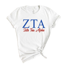 Load image into Gallery viewer, Zeta Tau Alpha T-Shirt | Zeta (ZTA) Red and Blue Shirt | Zeta Tau Alpha Sorority Gift Idea - Kite and Crest
