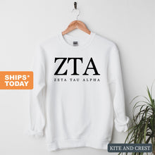 Load image into Gallery viewer, ZTA Zeta Tau Alpha Block Letter Sorority Crewneck Sweatshirt - Kite and Crest
