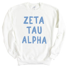 Load image into Gallery viewer, ZTA Zeta Tau Alpha Blue Bubble Letter Sorority Crewneck Sweatshirt - Kite and Crest
